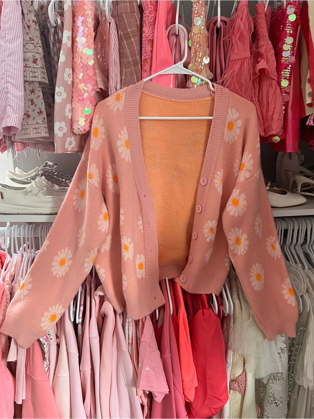 Pink Daisy Knit Cardigan - Button Front